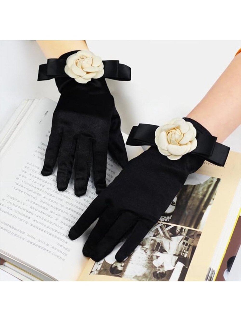 Exquisite Women's Gloves Black White Flower Evening Holiday Christmas Party - Picture 2 of 7